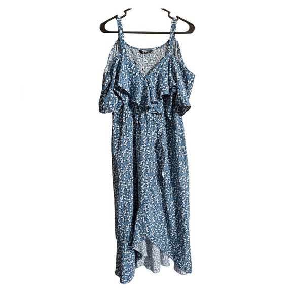 Blue Floral Cold Shoulder Midi Dress Ruffle V Neck High Low Boho Summer - Picture 2 of 3